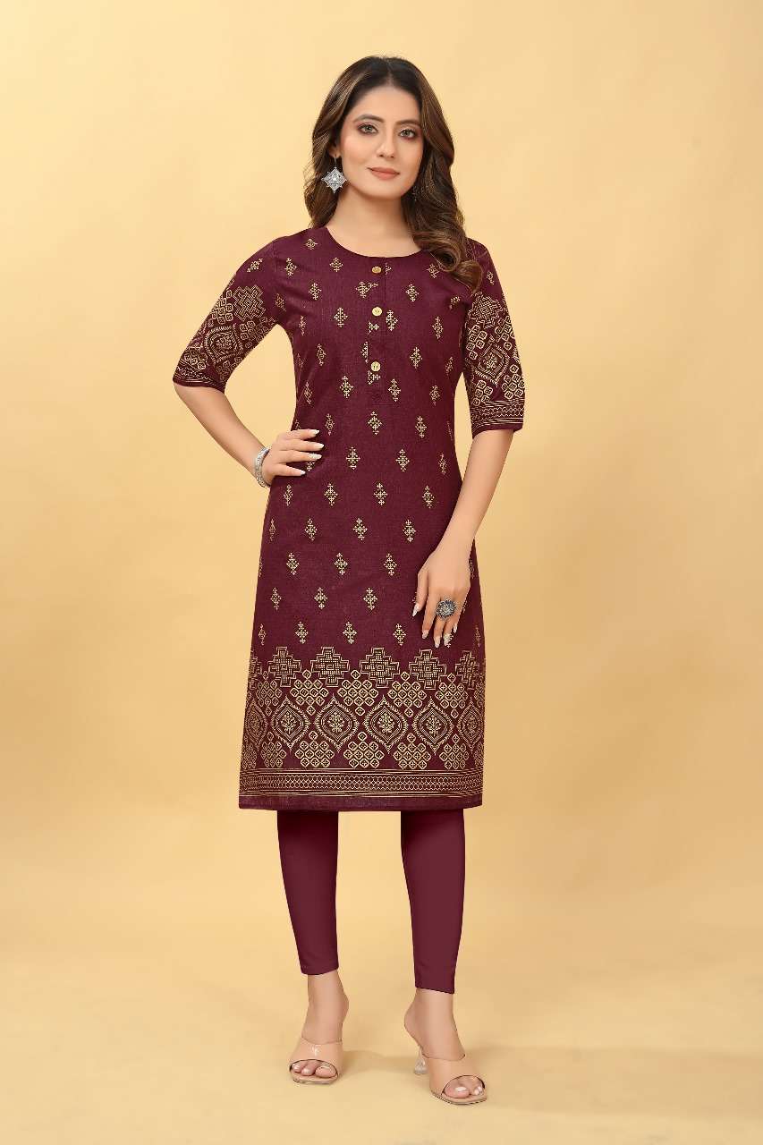 D 45 Ruby Cotton Foil Gold Printed Kurti Wholesale catalog