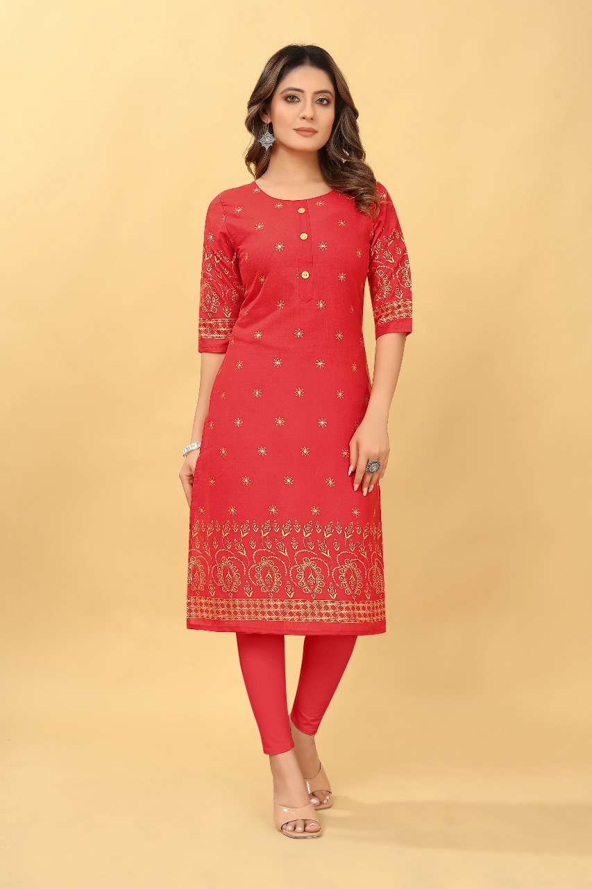 D 45 Ruby Cotton Foil Gold Printed Kurti Wholesale catalog
