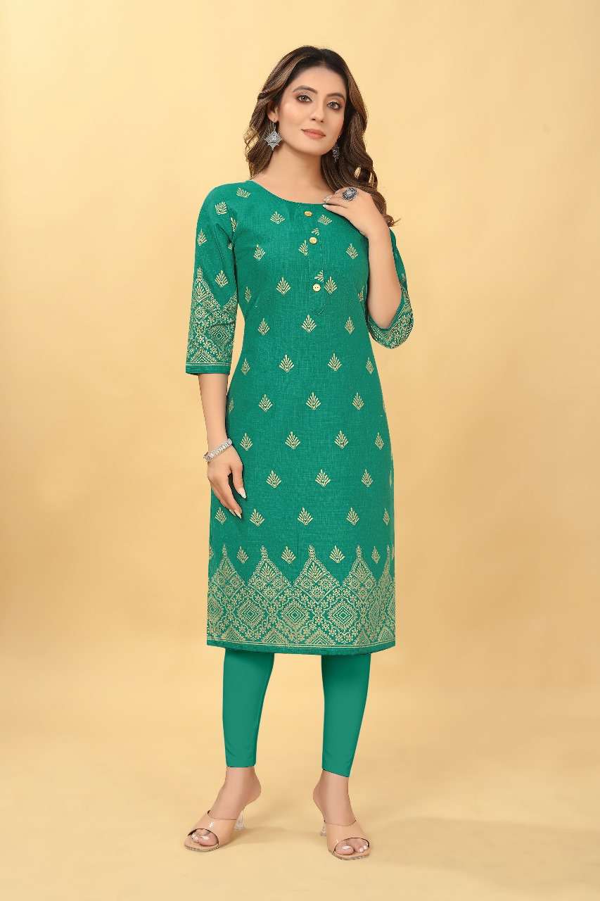 D 45 Ruby Cotton Foil Gold Printed Kurti Wholesale catalog