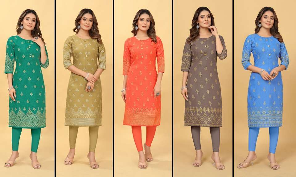 D 45 Ruby Cotton Foil Gold Printed Kurti Wholesale catalog