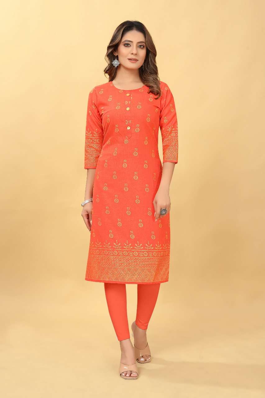 D 45 Ruby Cotton Foil Gold Printed Kurti Wholesale catalog