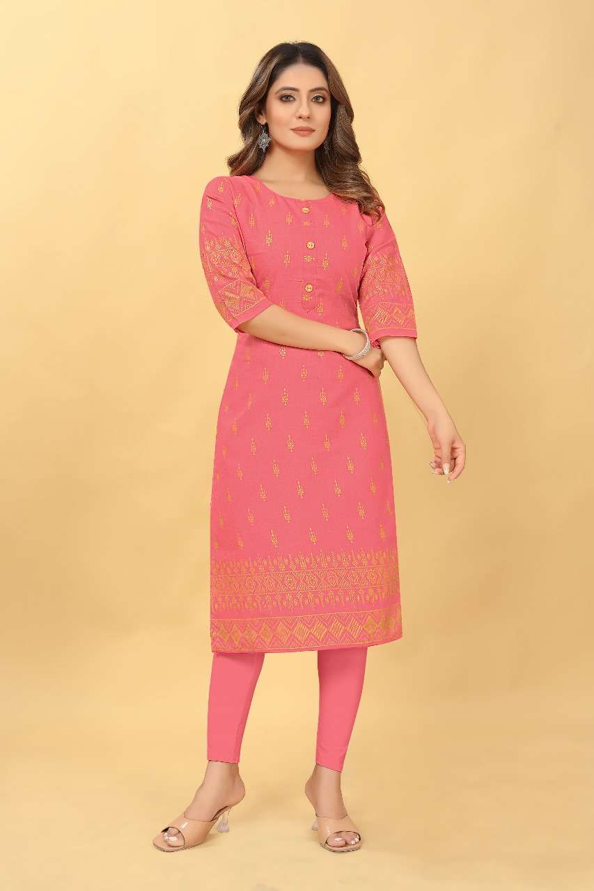 D 45 Ruby Cotton Foil Gold Printed Kurti Wholesale catalog
