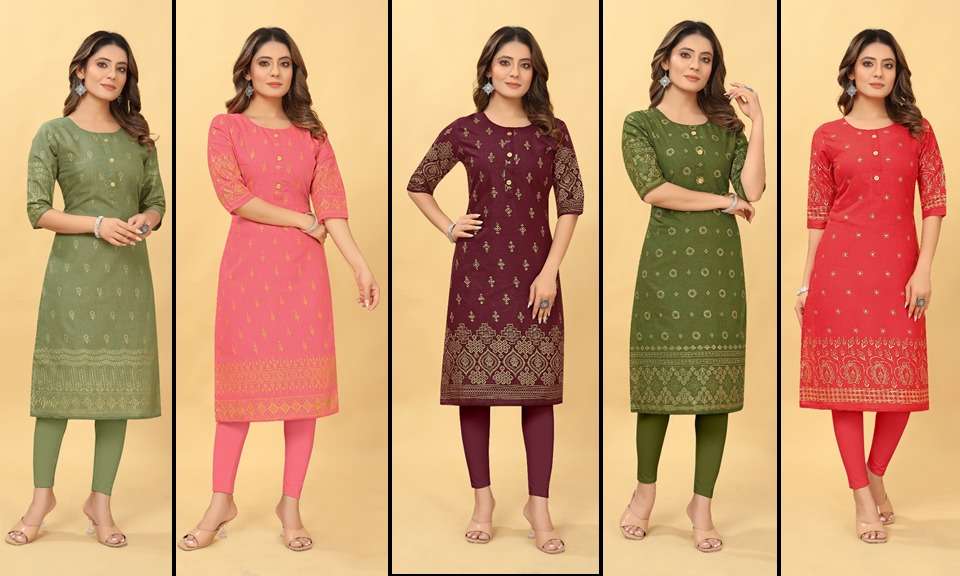 D 45 Ruby Cotton Foil Gold Printed Kurti Wholesale catalog