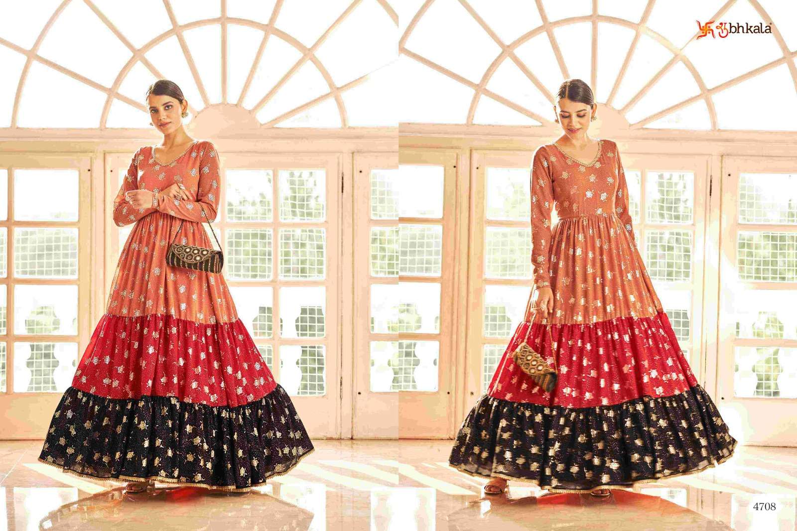 FLORY VOL. 18 Georgette Metalic Foil Work Anarkali Gown Kurti Wholesale catalog