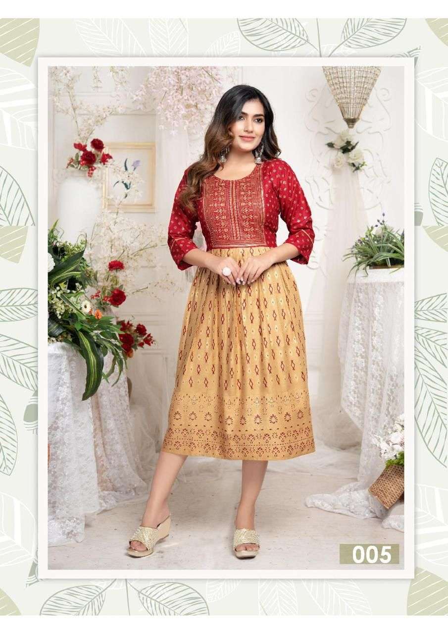 Golden Gulnaaz Fancy Rayon Anarkali Kurti Wholesale catalog