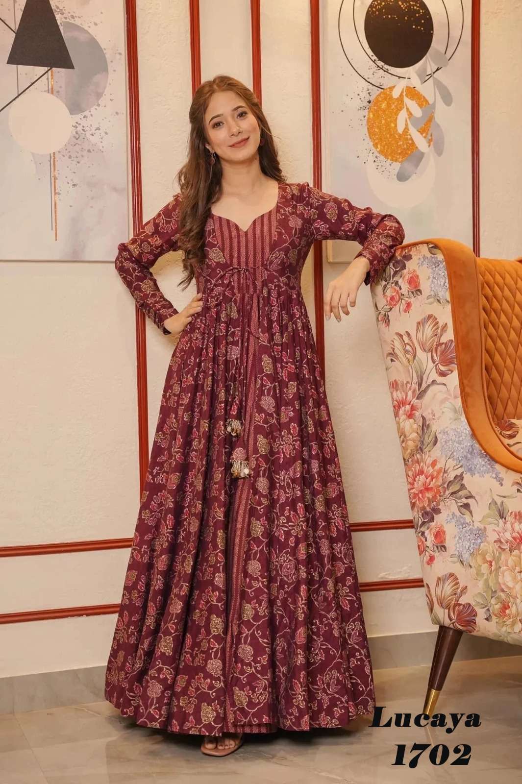 Lucaya Vol 17 presents this stunning fancy 2pcs beautiful printed shrug with gown Kurti Wholesale catalog