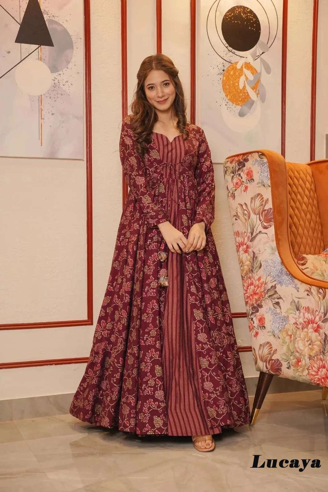 Lucaya Vol 17 presents this stunning fancy 2pcs beautiful printed shrug with gown Kurti Wholesale catalog