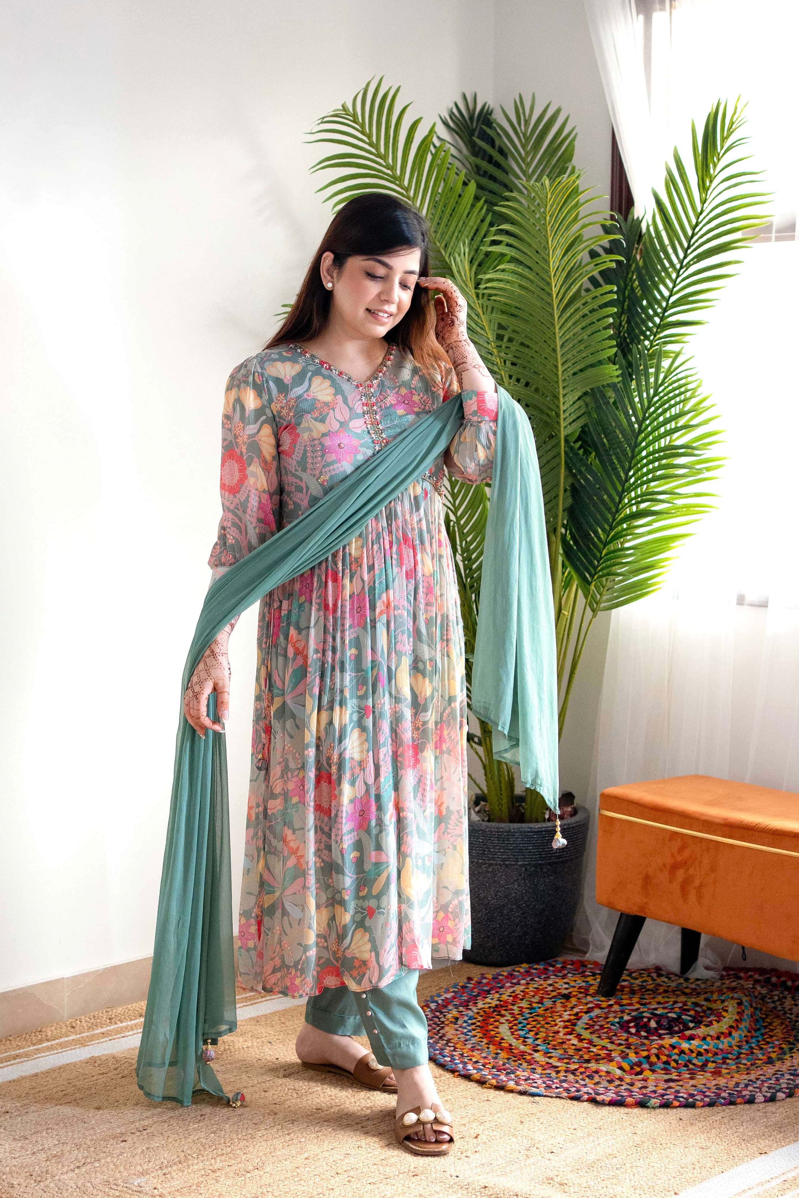Mehera Green Chinnon Alia Cut Kurti Wholesale catalog