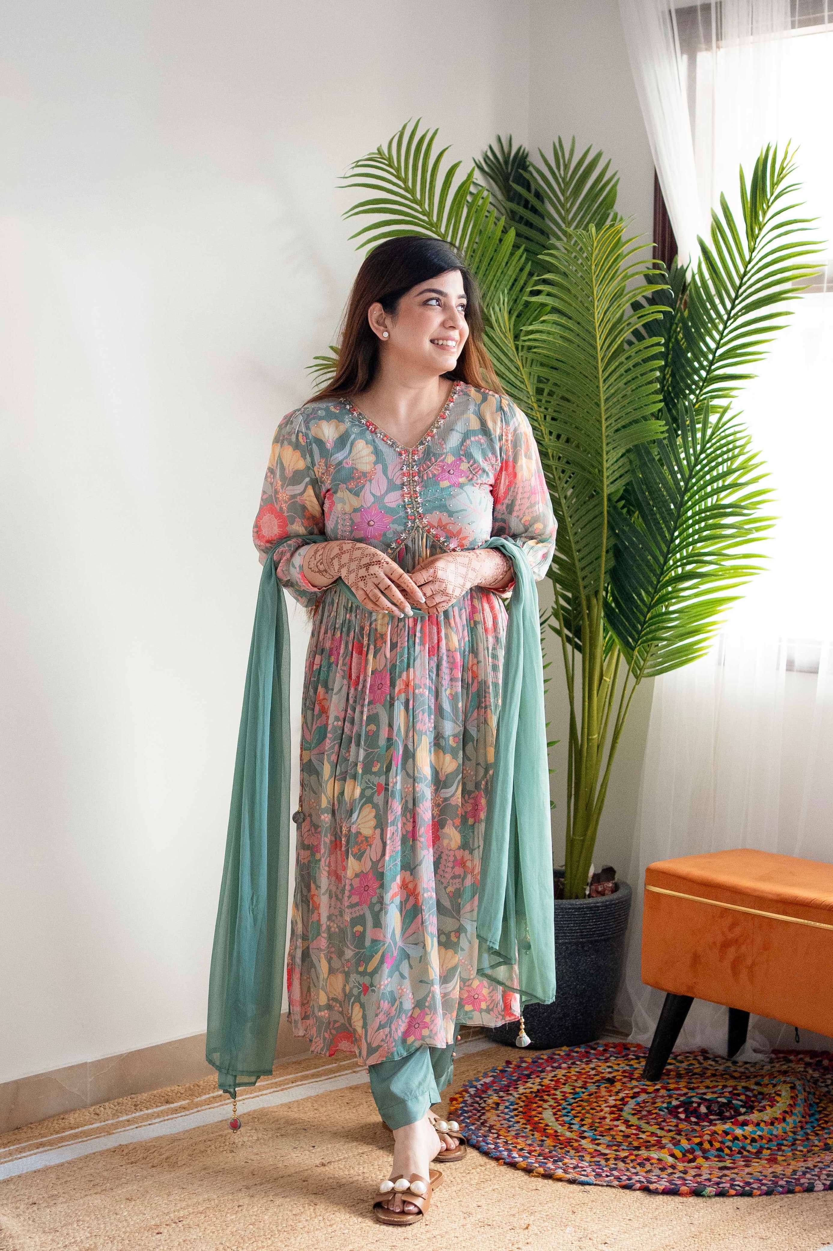 Mehera Green Chinnon Alia Cut Kurti Wholesale catalog