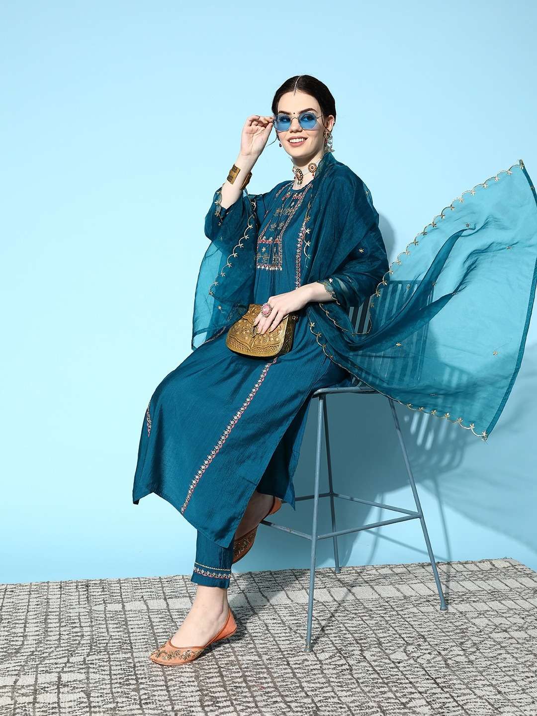 Morina Petrol Viscose Rayon Kurti With Bottom Dupatta Wholesale catalog
