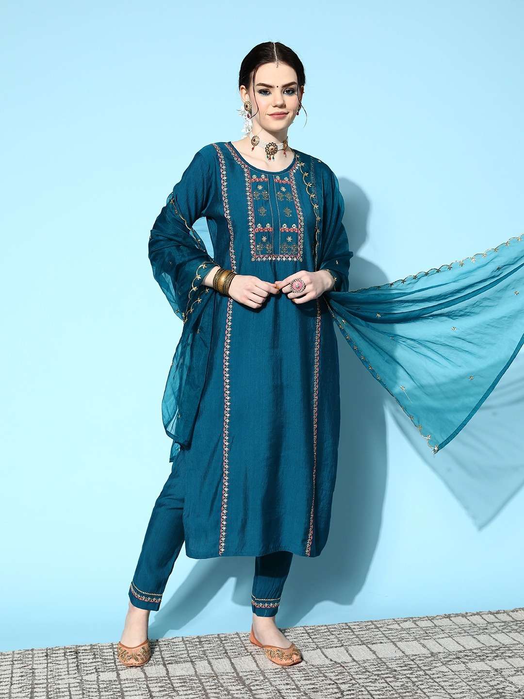 Morina Petrol Viscose Rayon Kurti With Bottom Dupatta Wholesale catalog