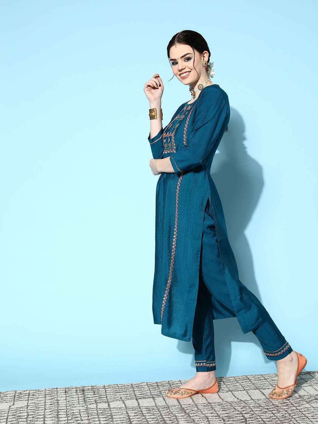 Morina Petrol Viscose Rayon Kurti With Bottom Dupatta Wholesale catalog