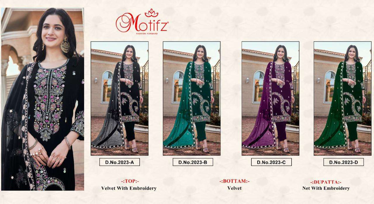 Motifz 2023 velvet with embroidery Salwar Kameez Wholesale catalog