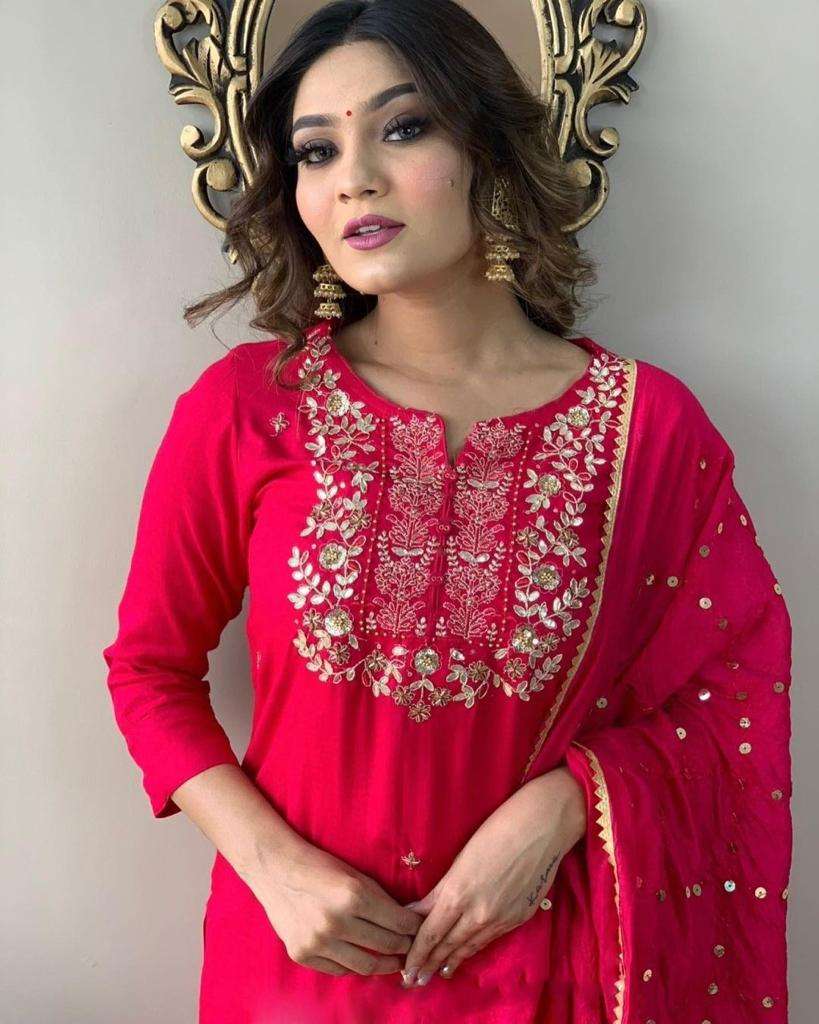 Nikita Red Rayon Slub Kurti Top Bottom With Dupatta Wholesale catalog