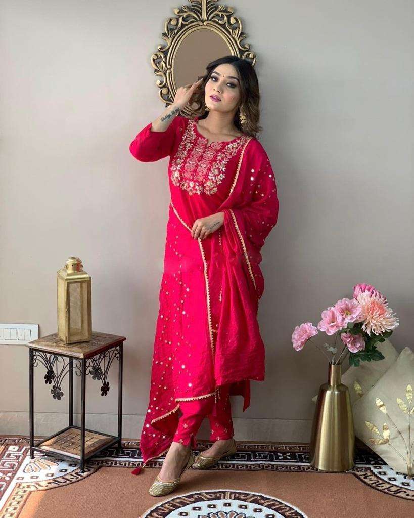 Nikita Red Rayon Slub Kurti Top Bottom With Dupatta Wholesale catalog
