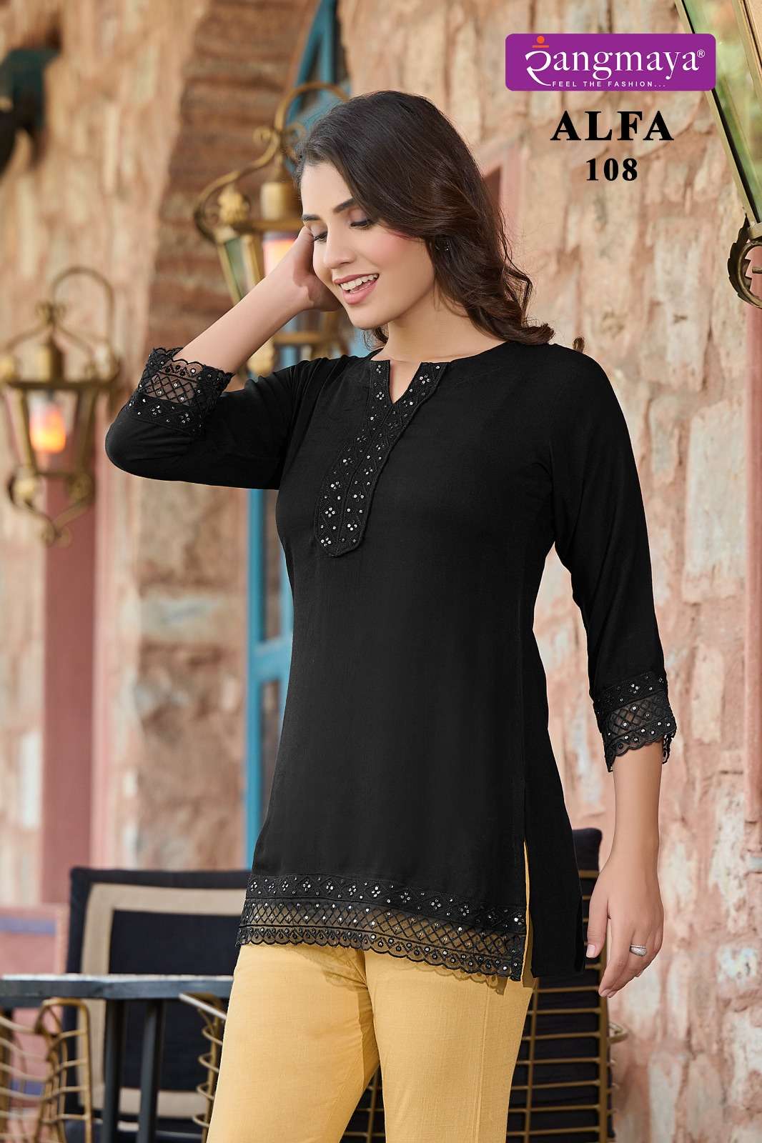 Rangmaya Alfa Rayon Rinkle Short Tops Kurti Wholesale catalog