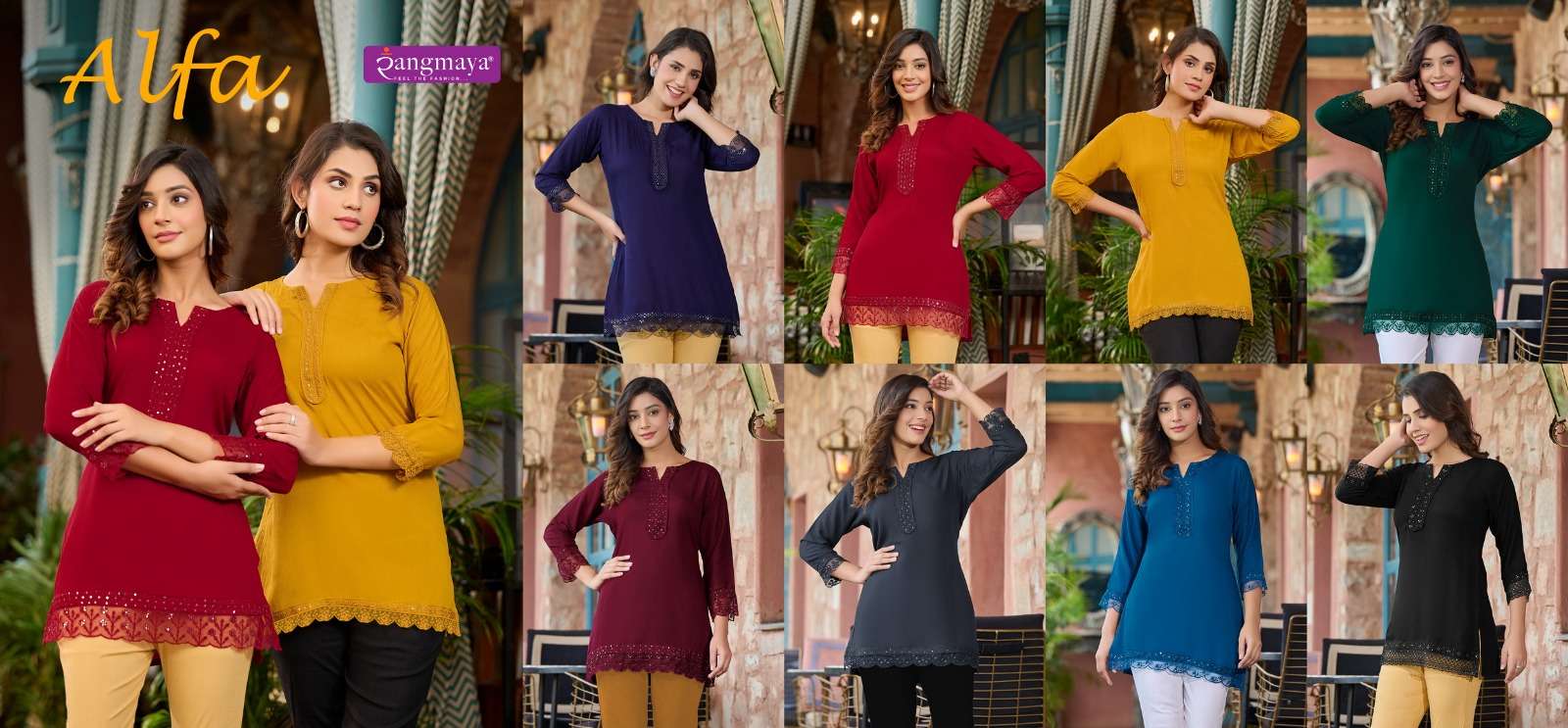 Rangmaya Alfa Rayon Rinkle Short Tops Kurti Wholesale catalog