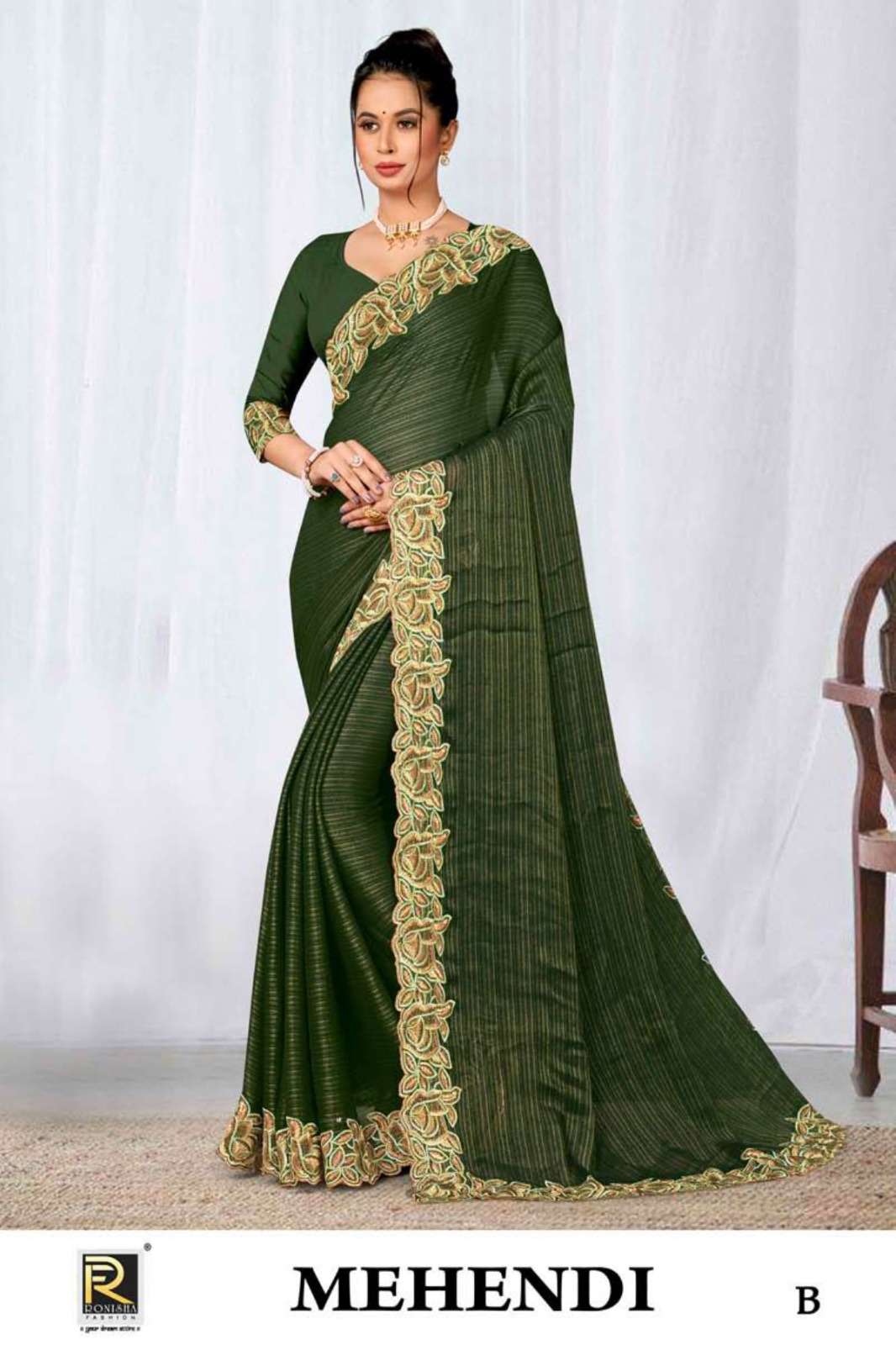 Ronisha Mehendi Fancy Fabrics Embroidery Sarees Wholesale catalog