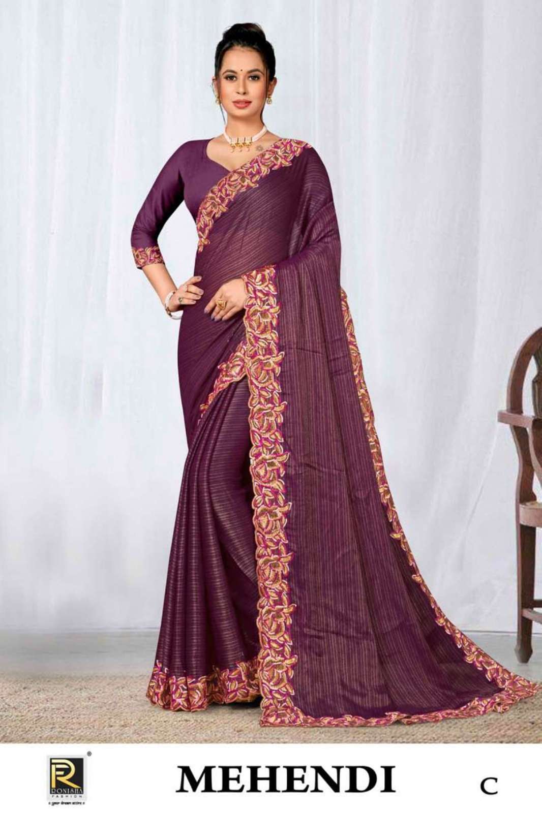 Ronisha Mehendi Fancy Fabrics Embroidery Sarees Wholesale catalog