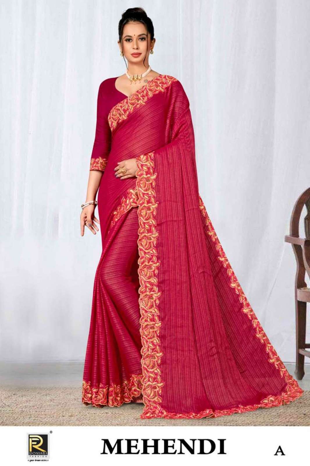 Ronisha Mehendi Fancy Fabrics Embroidery Sarees Wholesale catalog