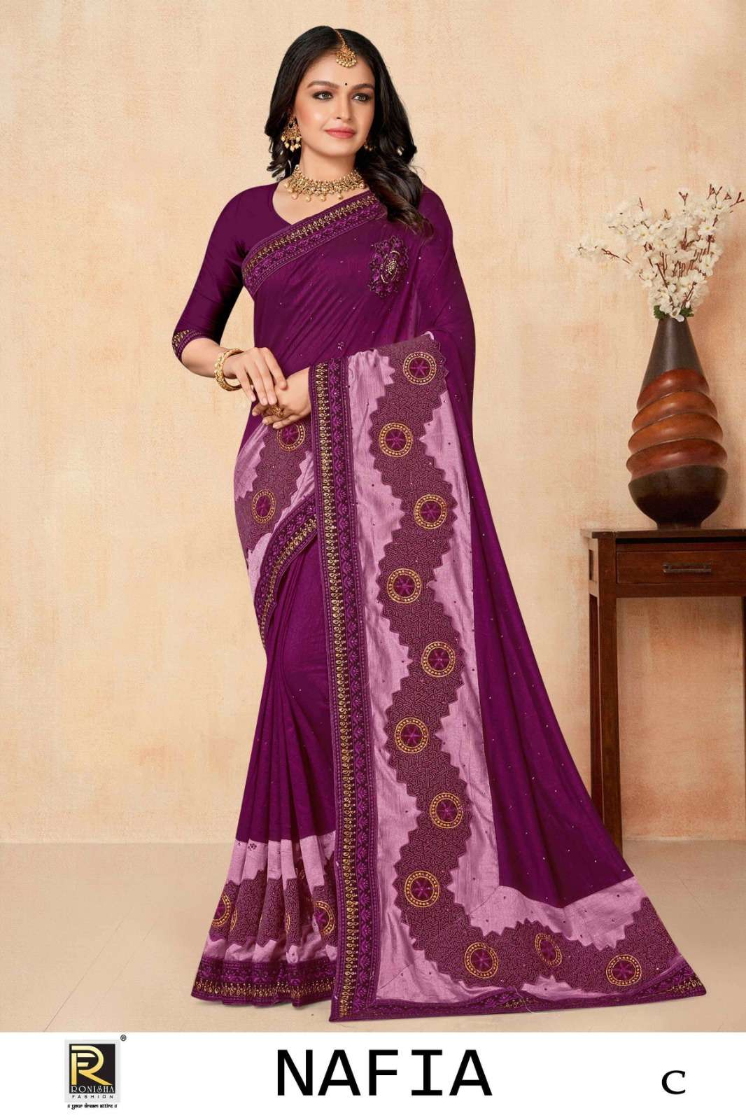Ronisha Nafia Fancy Fabrics Embroidery Sarees Wholesale catalog