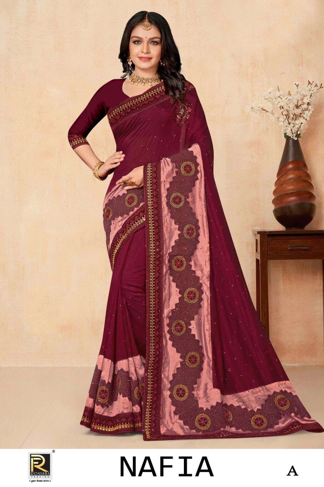 Ronisha Nafia Fancy Fabrics Embroidery Sarees Wholesale catalog
