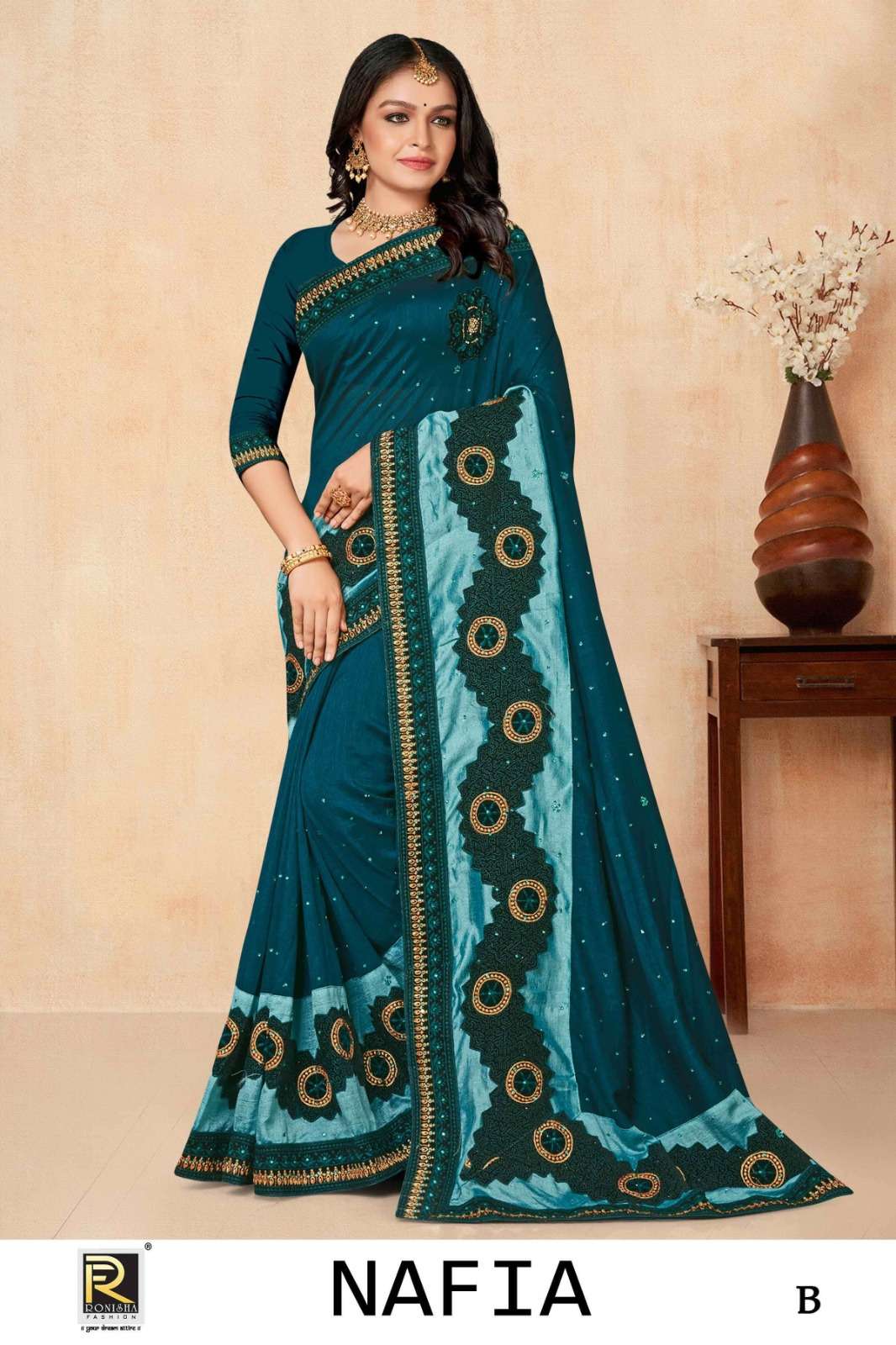 Ronisha Nafia Fancy Fabrics Embroidery Sarees Wholesale catalog
