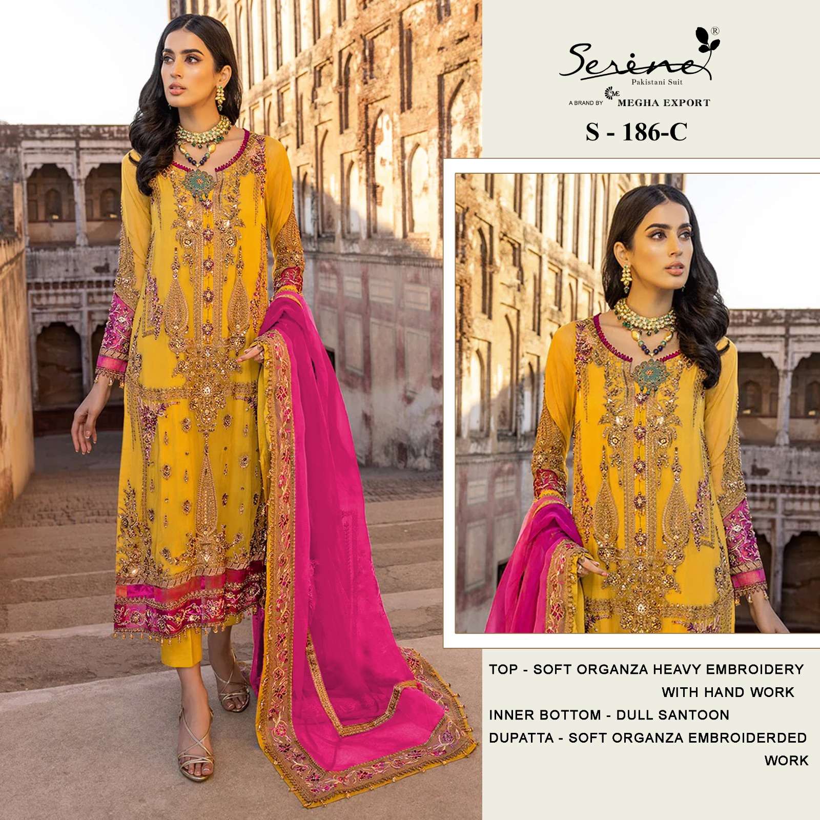 SERINE S-186 SOFT ORGENZA EMBROIDERED WITH HAND WORK  Salwar Kameez Wholesale catalog