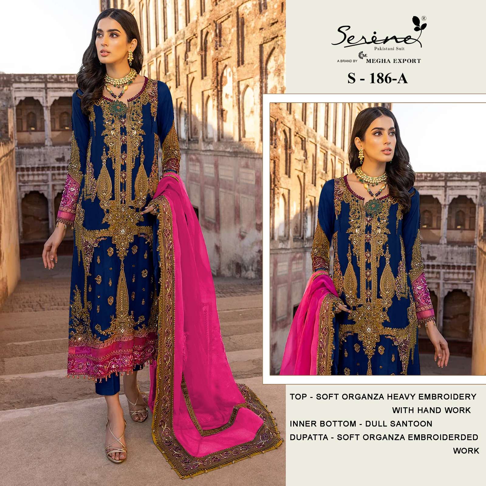 SERINE S-186 SOFT ORGENZA EMBROIDERED WITH HAND WORK  Salwar Kameez Wholesale catalog