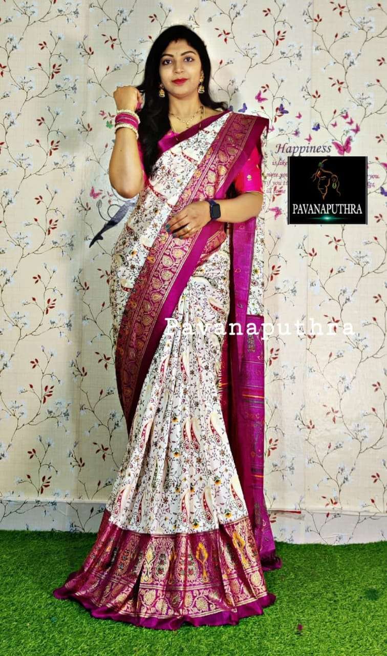 Soft Pure Dola Silk Kalamkari Patola Digital Print Saree Wholesale catalog