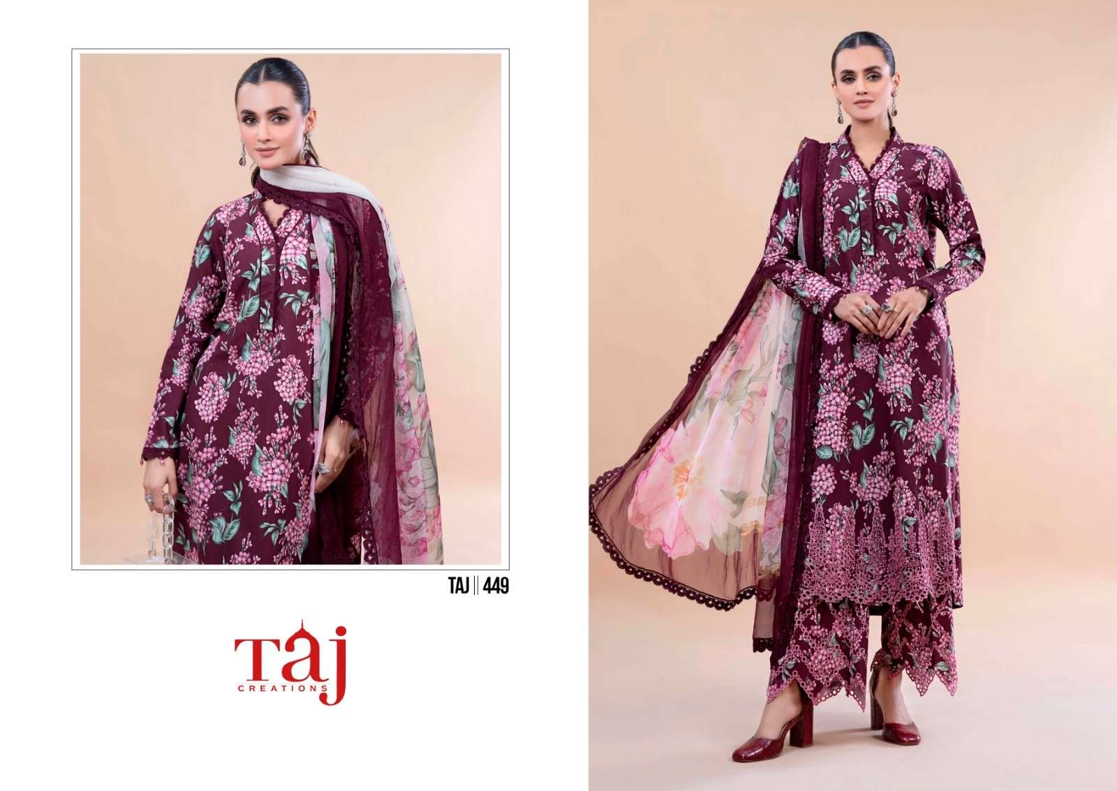 Taj M Print 448 And 449 Chiffon Dupatta Pakistani Suits Wholesale catalog