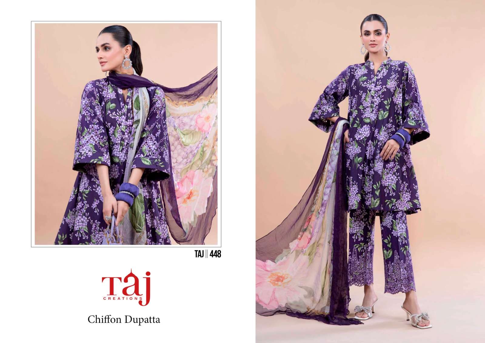 Taj Mprint hit design Silver chiffon Salwar Kameez Wholesale catalog