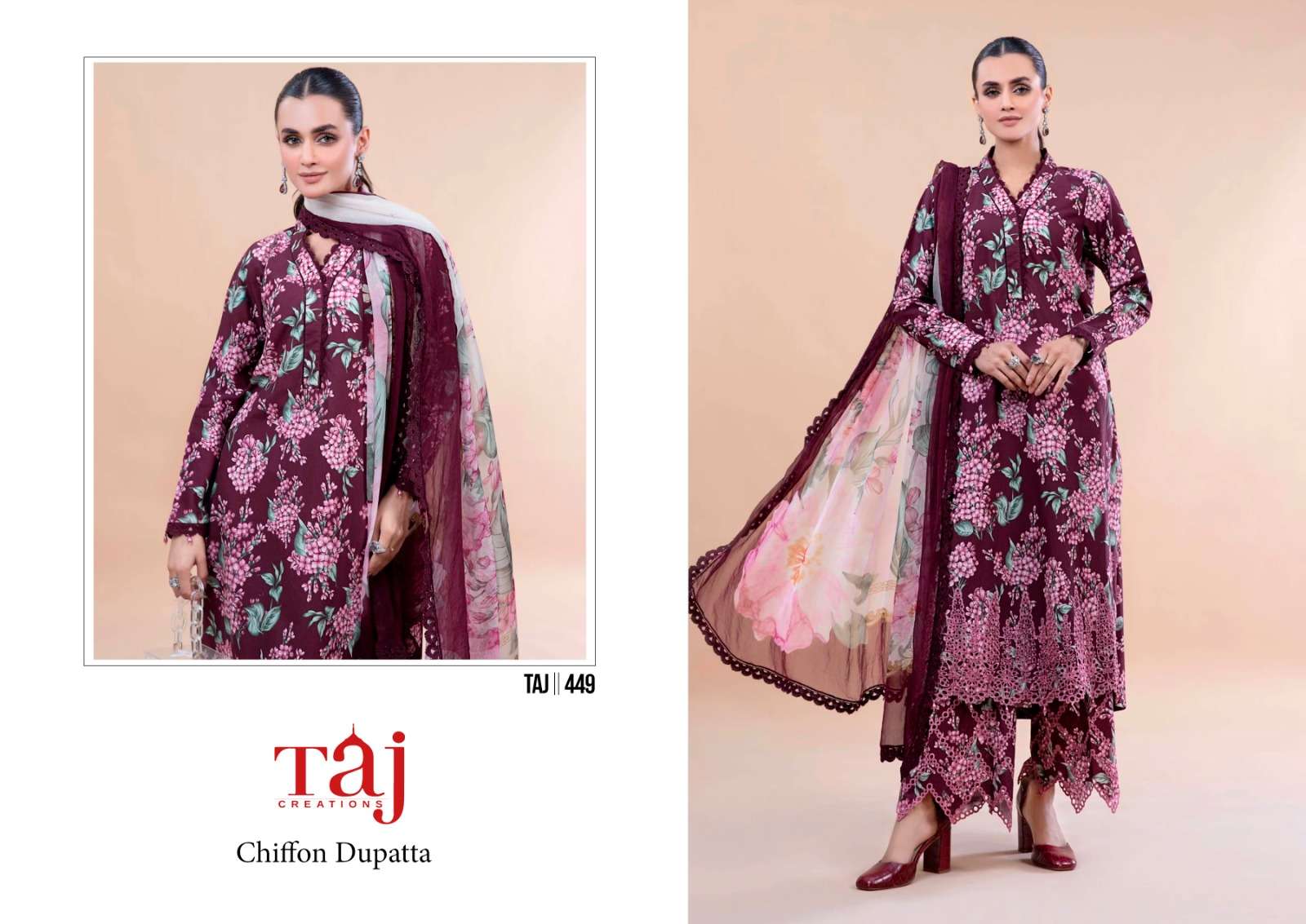 Taj Mprint hit design Silver chiffon Salwar Kameez Wholesale catalog