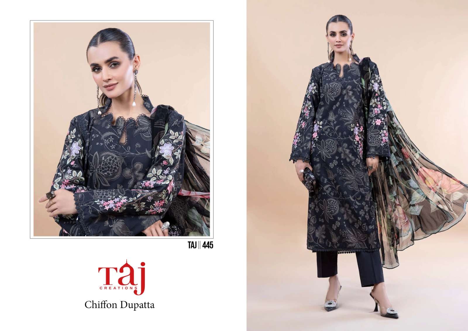 Taj Mprint hit design Silver chiffon Salwar Kameez Wholesale catalog