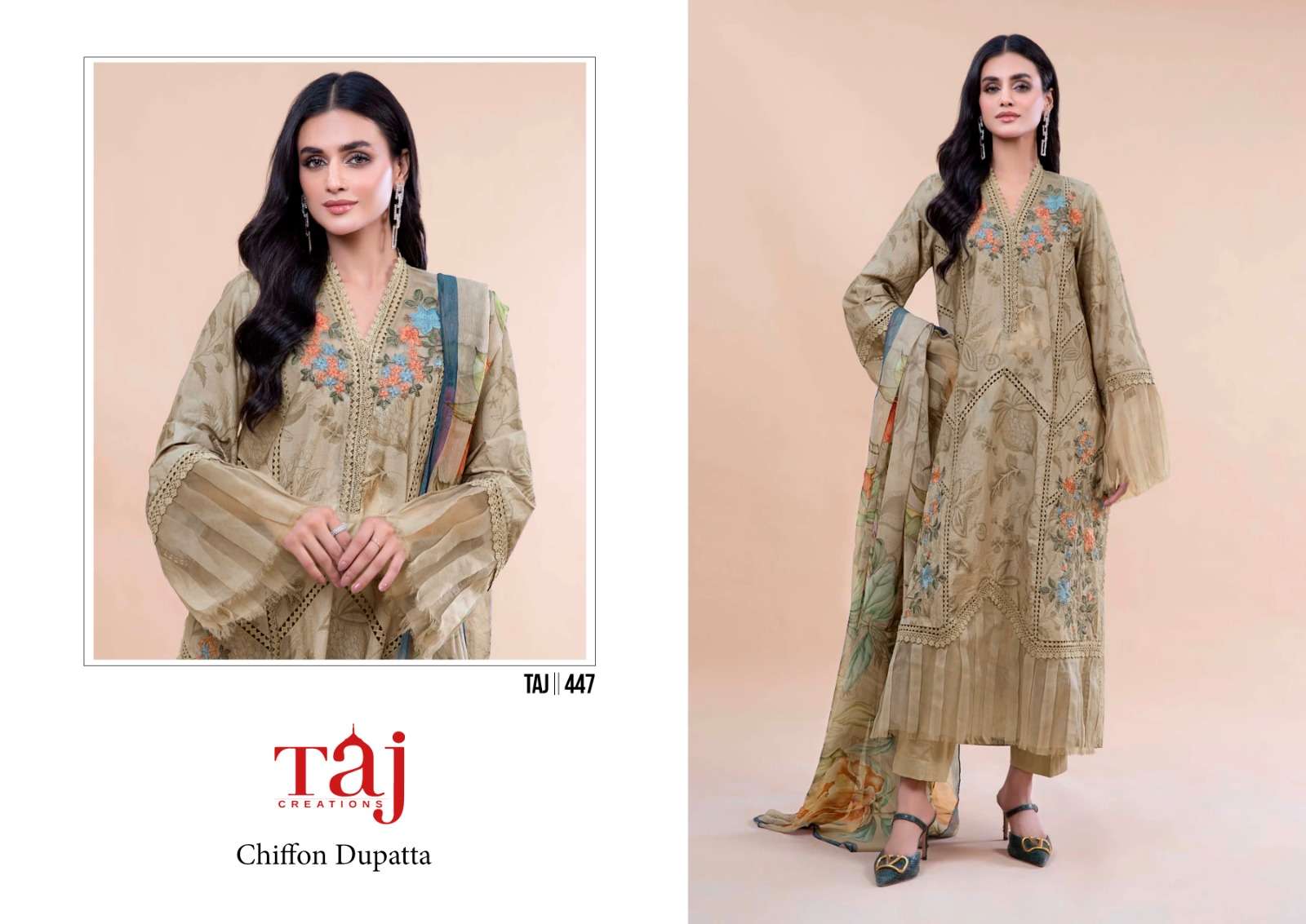 Taj Mprint hit design Silver chiffon Salwar Kameez Wholesale catalog
