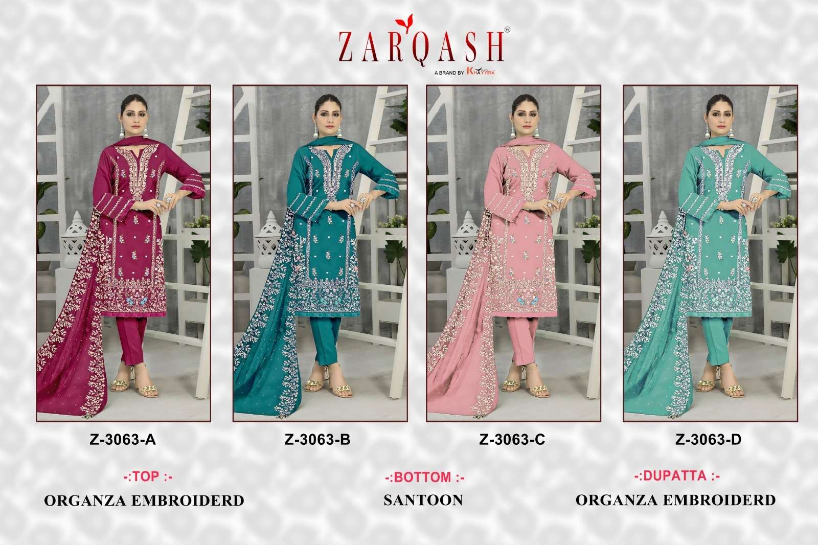Zarqash Z 3063 A To D Organza Pakistani Suits Wholesale catalog