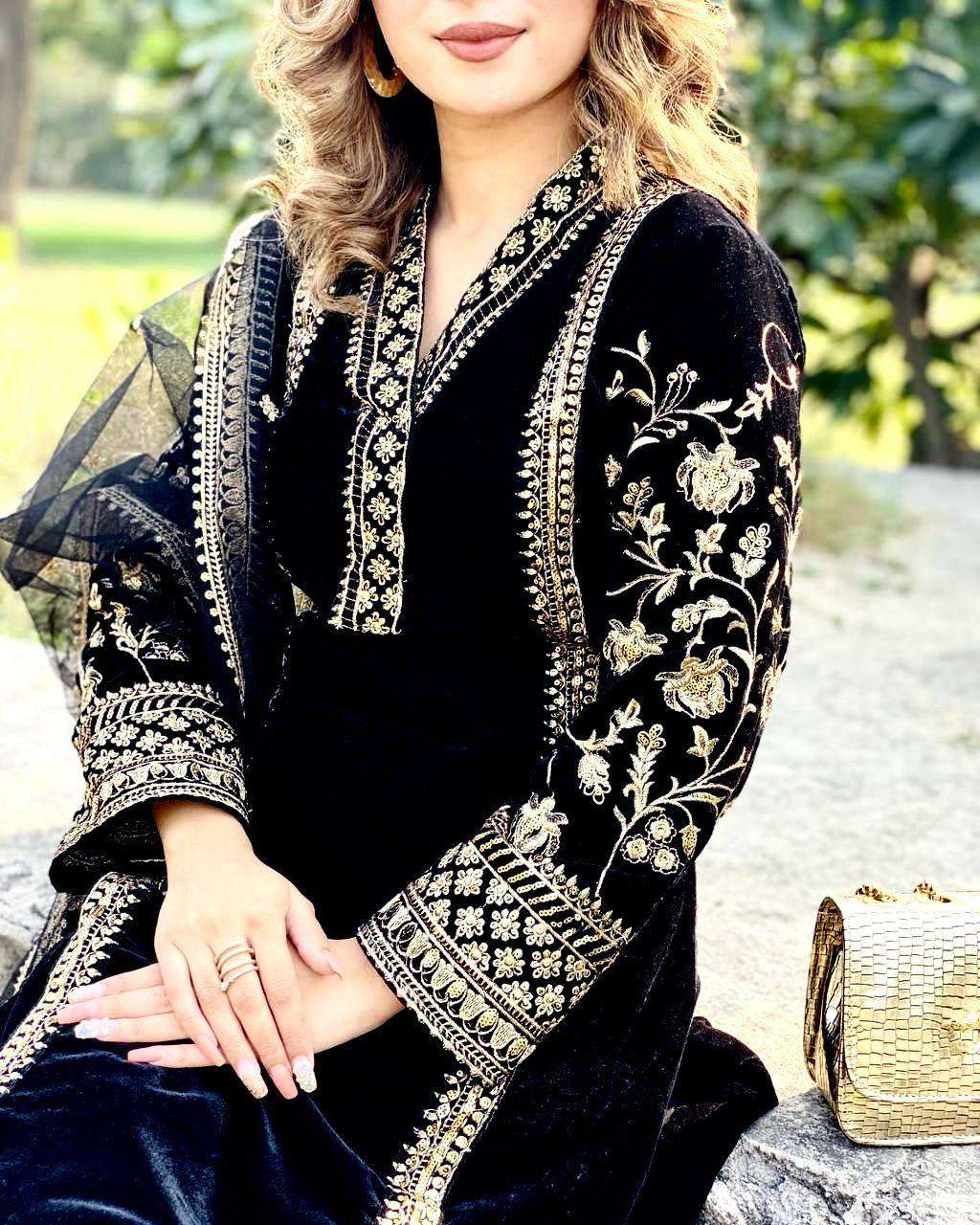 925 Velvet With Zari Embroidery Work Salwar Kameez Wholesale catalog