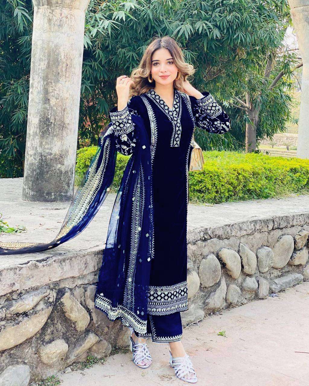 925 Velvet With Zari Embroidery Work Salwar Kameez Wholesale catalog