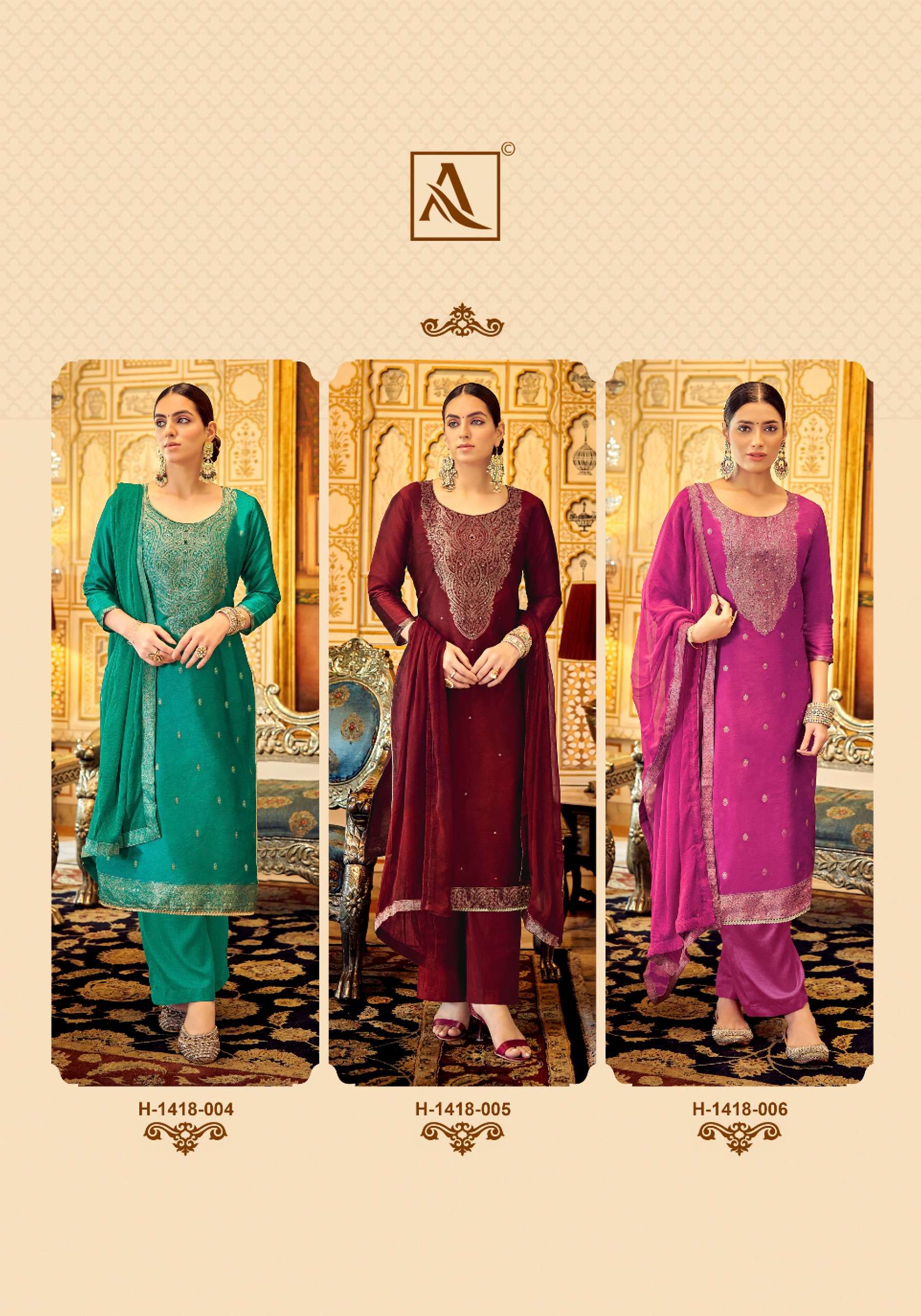 Alok Gharana Jacquard Designer Dress Material Wholesale catalog