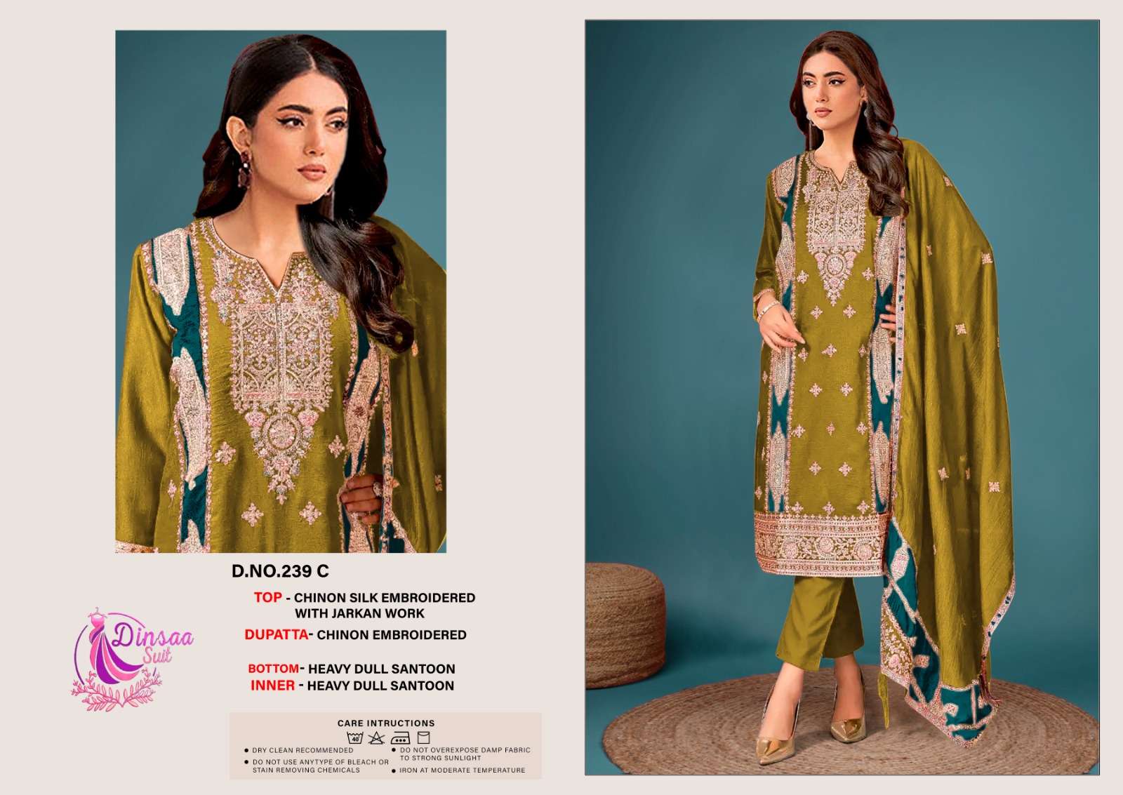 Dinsaa 239 Chinnon Silk Embroidery Pakistani Suits Wholesale catalog