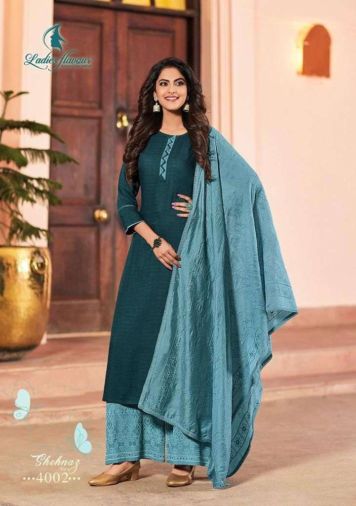 Ladies Flavour Shehnaz Vol-4 -Kurti Pant With Dupatta -Wholesale Catalog