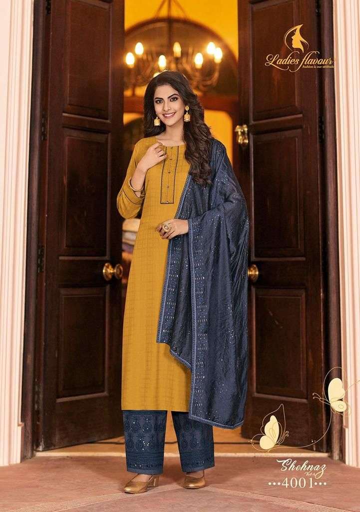 Ladies Flavour Shehnaz Vol-4 -Kurti Pant With Dupatta -Wholesale Catalog