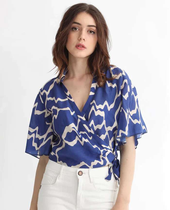PRINTED WRAP TOP EZRAI - BLUE Western Wear Wholesale catalog
