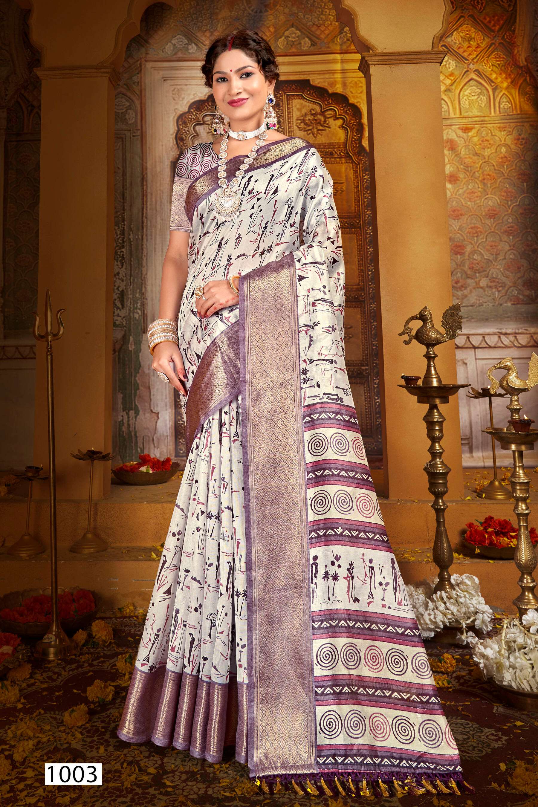 Saroj Golden Screen Vol - 14 Crystal jacquard border printed saree  with jhalar