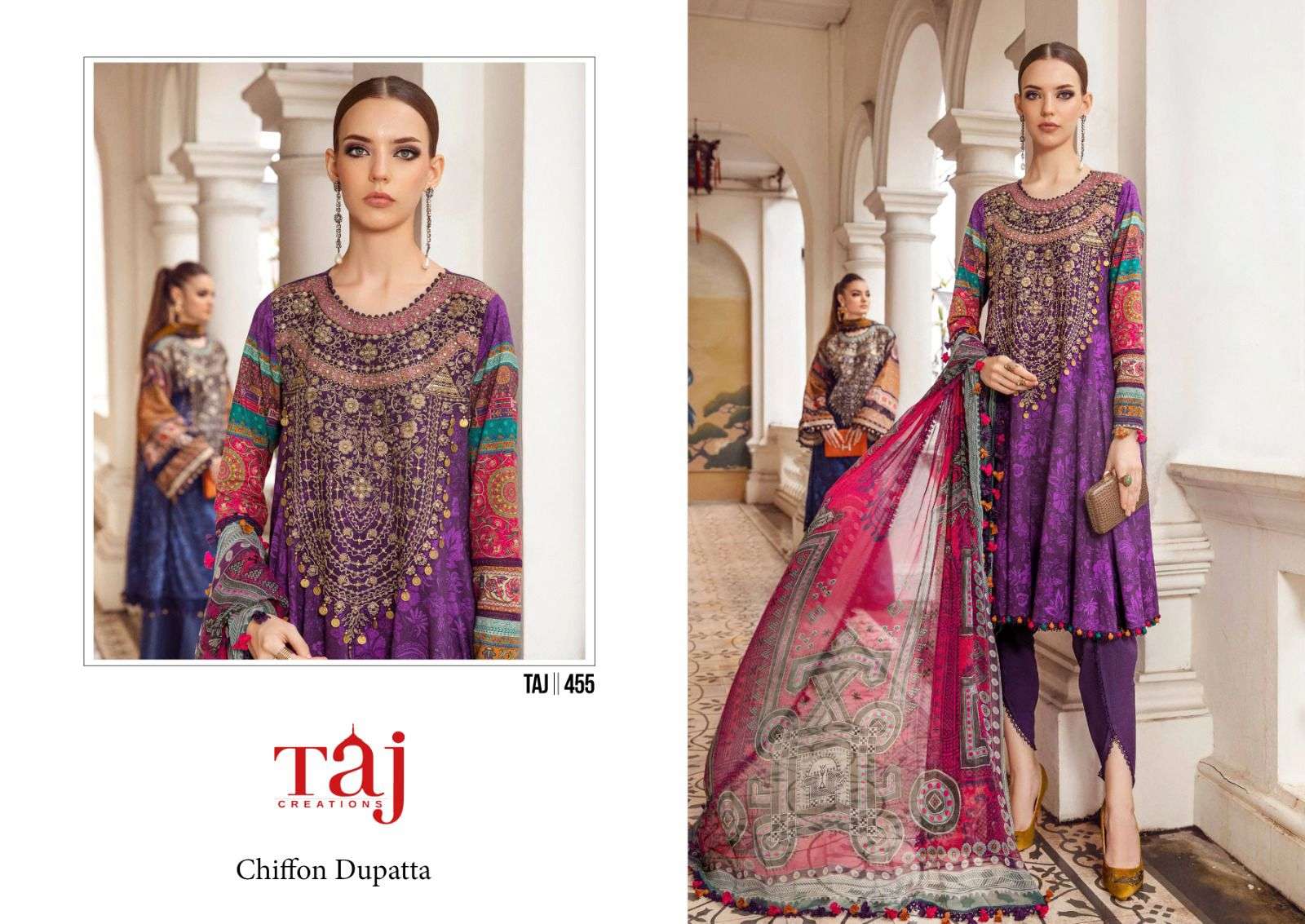 Taj 455 & 456 Chiffon Dupatta Pakistani Suits Wholesale catalog