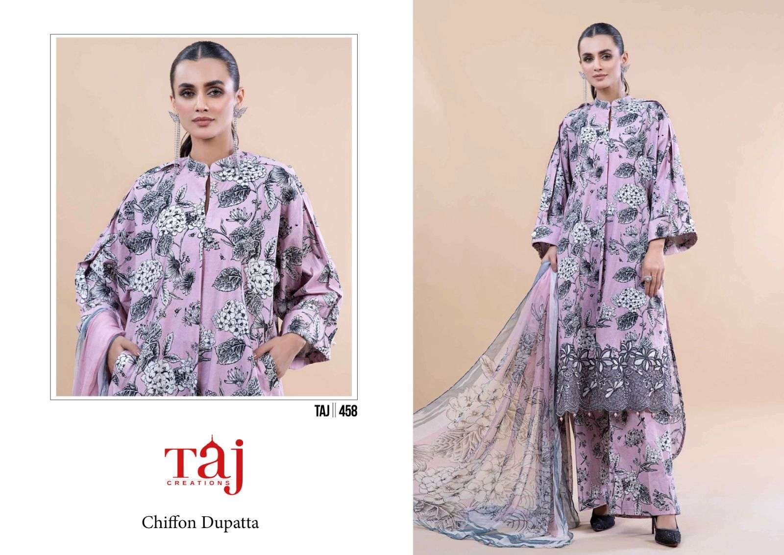 Taj 457 and 458 Silver chiffon Salawar Kameez Wholesale catalog
