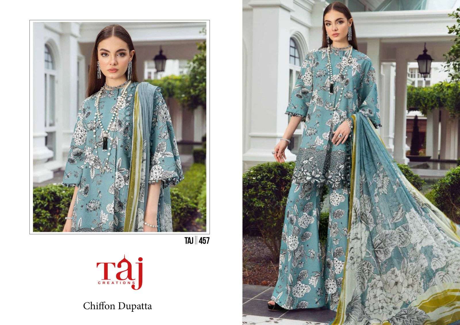 Taj 457 and 458 Silver chiffon Salawar Kameez Wholesale catalog