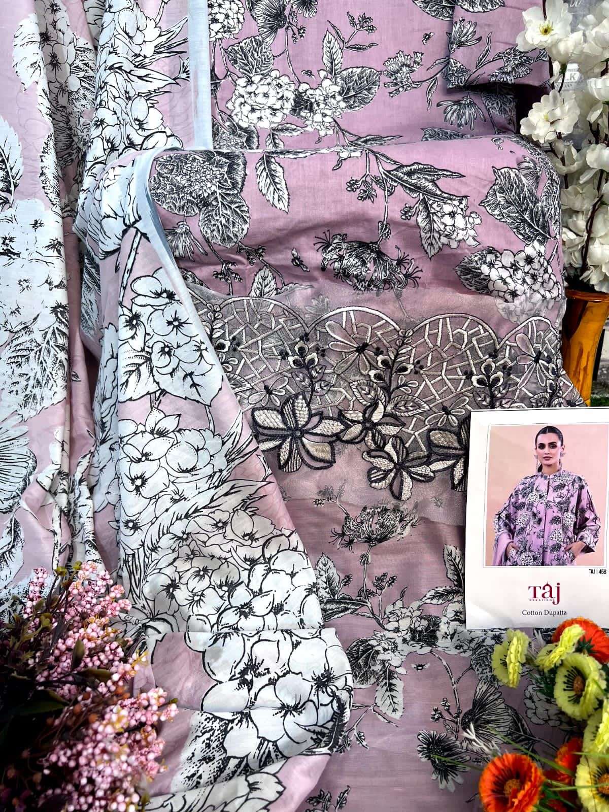 Taj 457 and 458 Silver chiffon Salawar Kameez Wholesale catalog