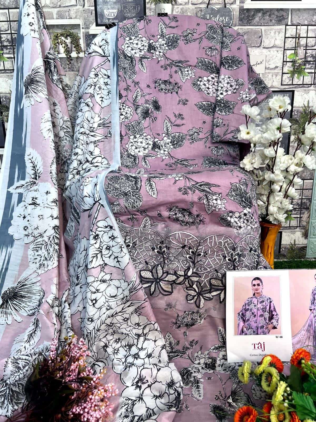 Taj 457 and 458 Silver chiffon Salawar Kameez Wholesale catalog