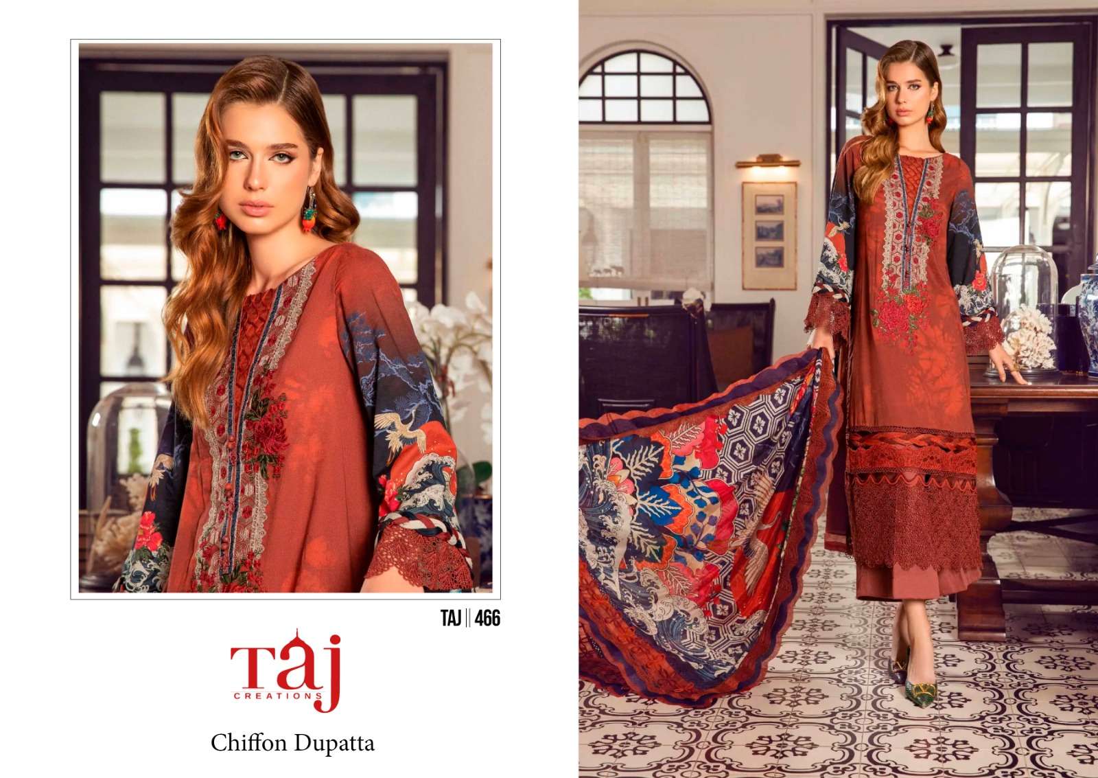 Taj 465 And 466 Chiffon Dupatta Pakistani Suits Wholesale catalog